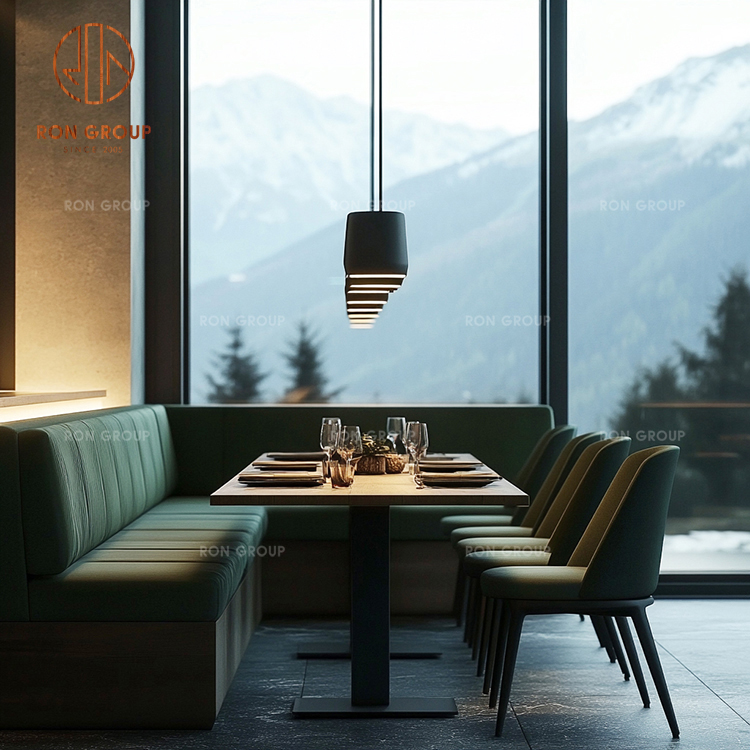 Modern Green Upholstered Banquette Seating Set with Solid Wood Dining Tables & Matching Metal-Leg Chairs