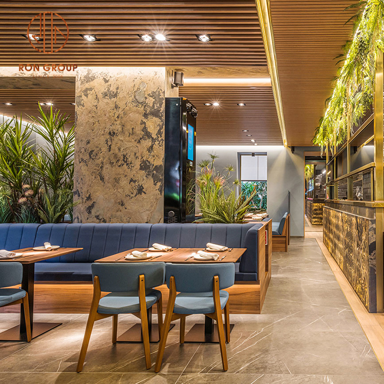 Contract Grade Restaurant Furniture Fabric Light Blue Dining Chairs & Navy Upholstered Banquette Seating with Wooden Tables