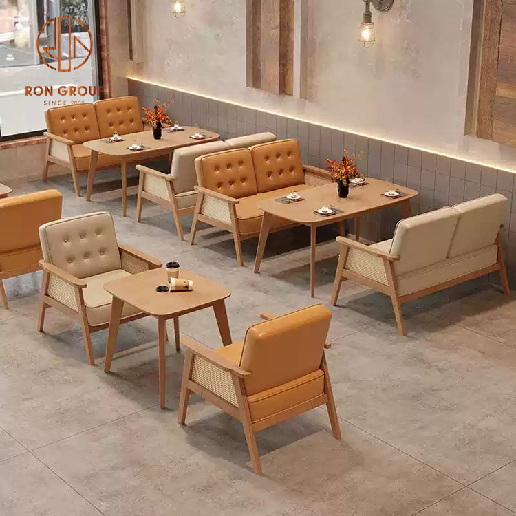 Modern Cafe Lounge Armchairs with Leather Upholstery and Wooden Side Tables