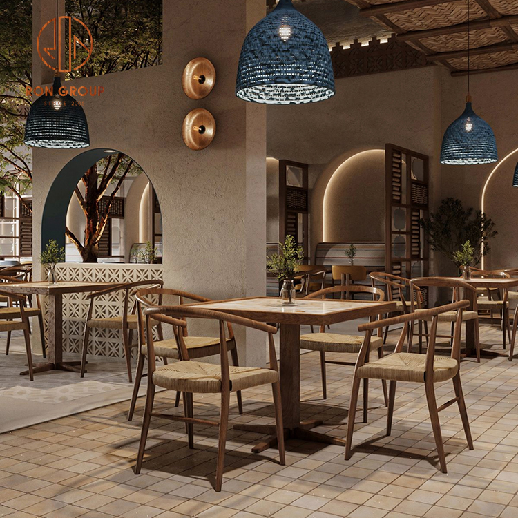 Restaurant Wood Table & Woven Seat Wooden Chairs Modern Natural Furniture Commercial Bundle
