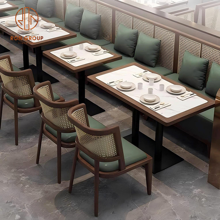 Commercial Restaurant Booth Seating with Marble Top Tables and Rattan Chairs