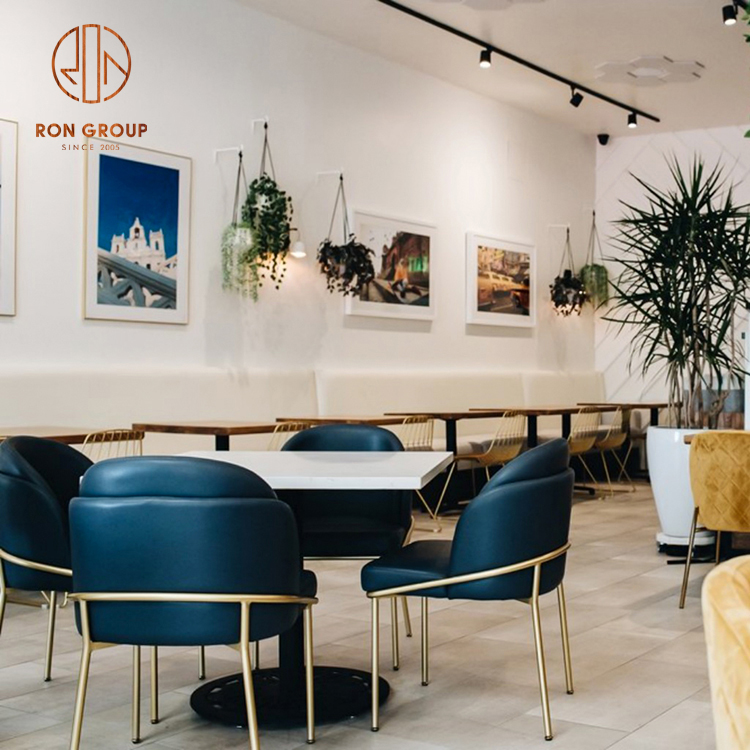 Modern Cafe Booth Seating with Upholstered Bench, Wooden Dining Tables and Metal Frame Chairs