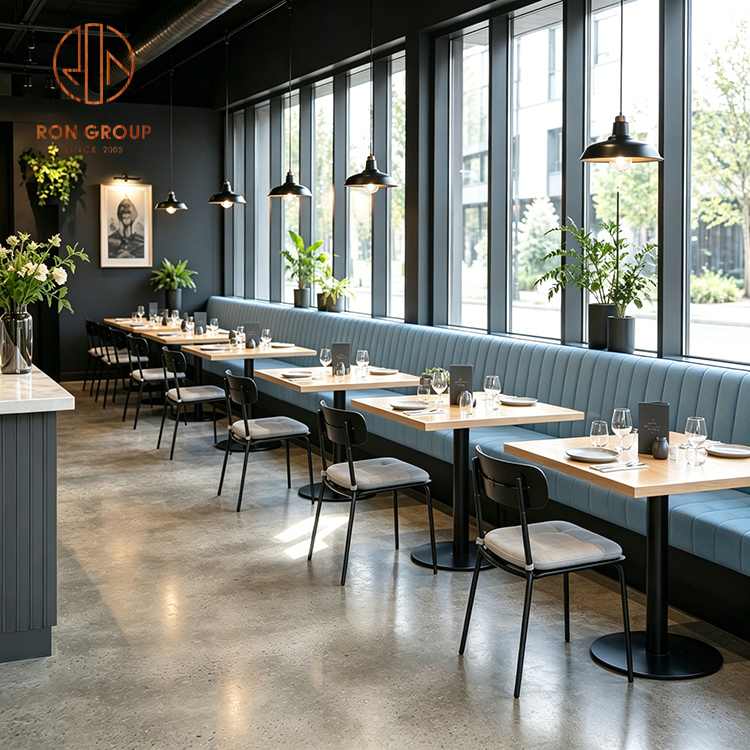 Modern Light Blue Fabric Restaurant Booth Seating Set with Square Wood Tables and Black Frame Dining Chairs