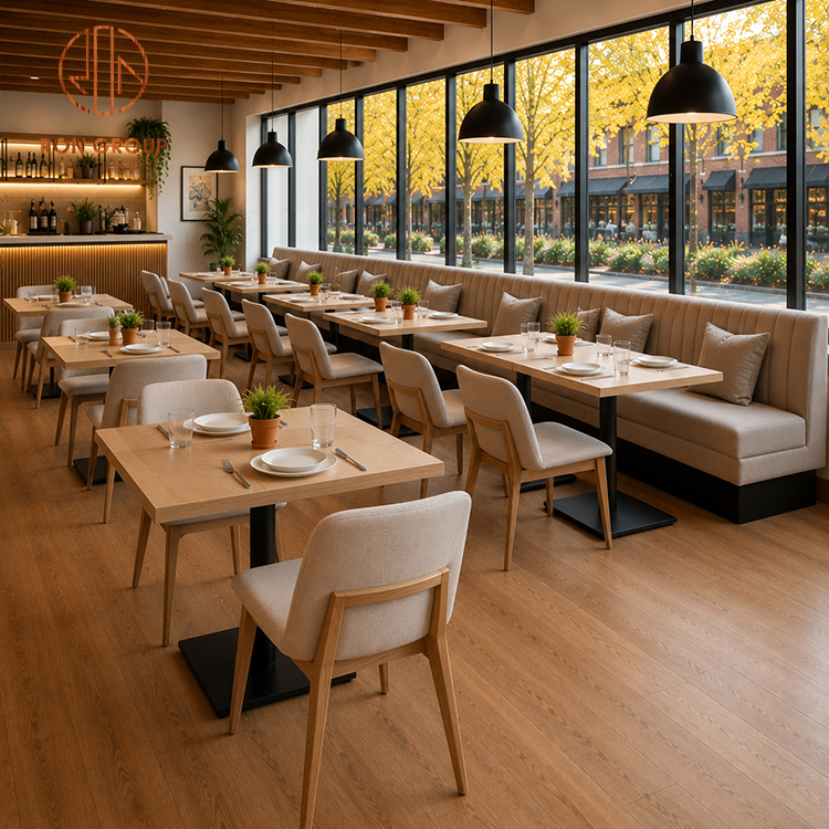 Elegant Cream Fabric Restaurant Booth Seating Set with Square Wood Tables and Upholstered Dining Chairs