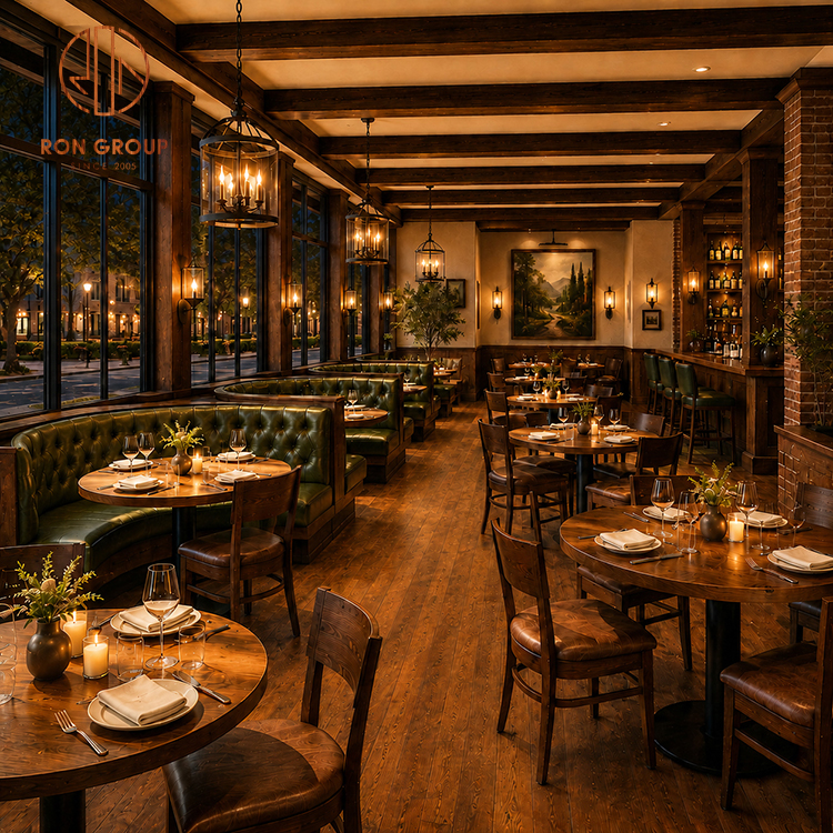 Rustic Green Tufted Leather Restaurant Booth Seating Set with Round Wood Tables and Wooden Dining Chairs
