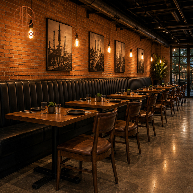 Industrial Black Leather Restaurant Booth Seating Set with Square Wood Tables and Brown Upholstered Chairs