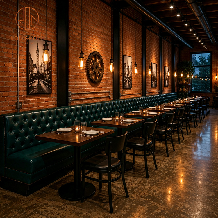 Industrial Dark Green Tufted Restaurant Booth Seating Set with Square Wood Tables and Black Dining Chairs