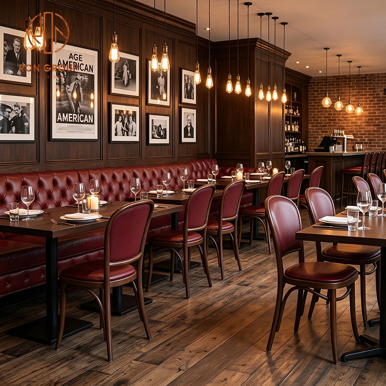 Luxury Burgundy Tufted Leather Restaurant Booth Seating Set with Square Wood Tables and Classic Dining Chairs