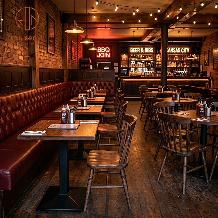 Rustic BBQ Restaurant Booth Seating Set with Brown Tufted Leather Banquette, Square Wood Tables and Wooden Dining Chairs