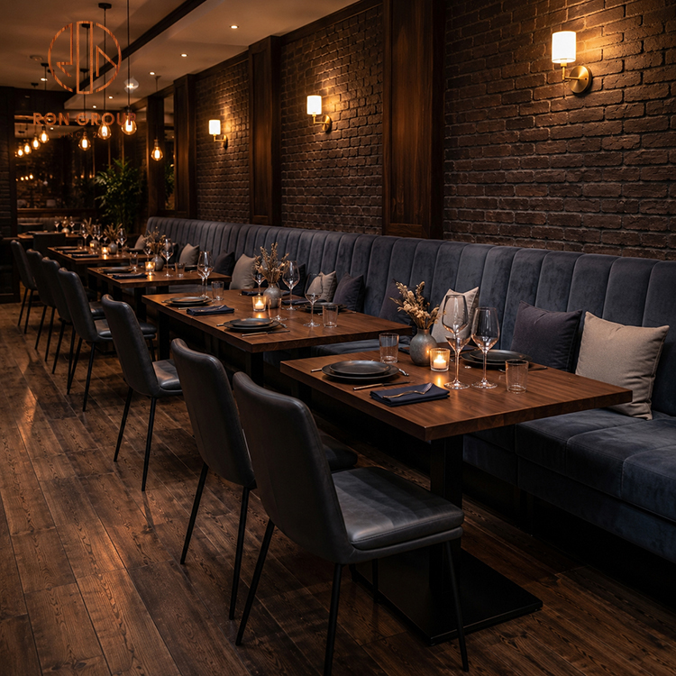 Modern Blue Velvet Restaurant Booth Seating Set with Square Wood Tables and Leather Dining Chairs