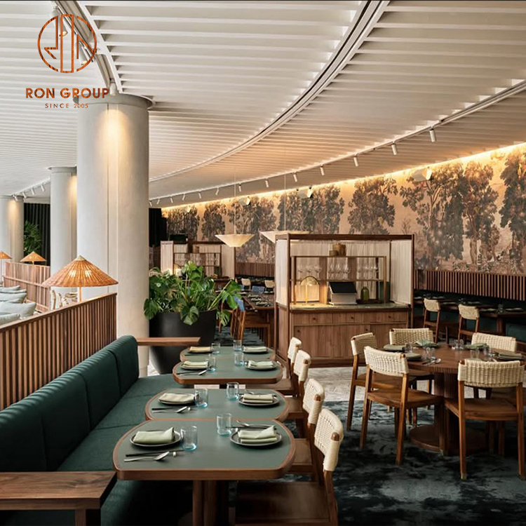 Modern Commercial Dining Set Table and Woven Rattan Chairs with Emerald Banquette for Restaurants Hotels or Cafe Spaces