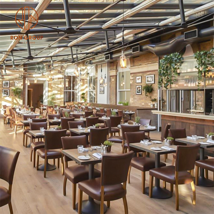 Vintage Industrial Wooden Table with Durable Leather Dining Chair Modern Design Restaurant Furniture for Coffee Shop & Cafe