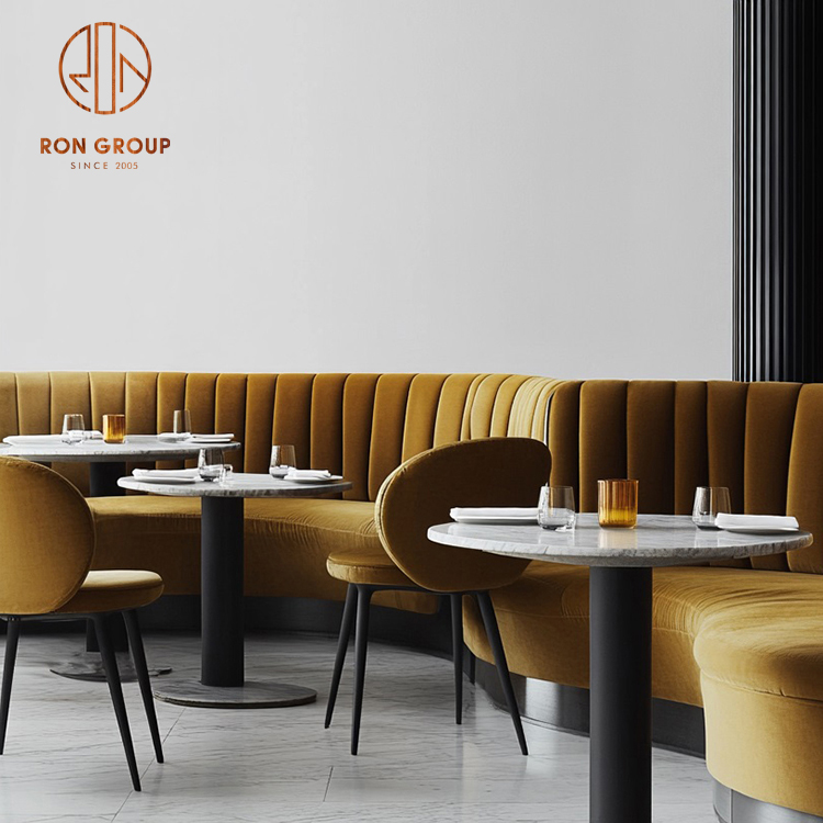 Round Marble Dining Table Set with Velvet Chairs and Half-Circle Banquette Seating for Cafés and Restaurants