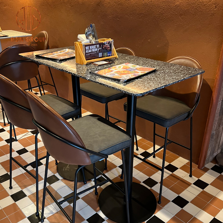 Modern Restaurant Table Chair Set Marble Top Table with Metal Frame, Brown Leather High-Back Chair for Cozy Commercial Dining