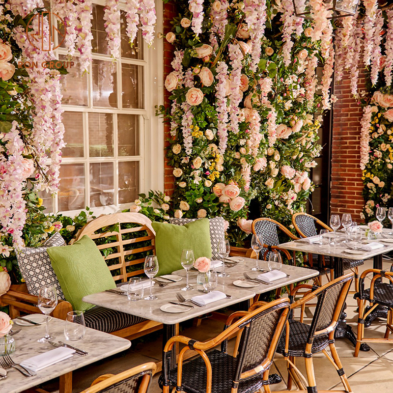 Garden Restaurant Furniture Set Marble Top Tables Braided Rattan Seating Chairs Forest Green Pads Furniture
