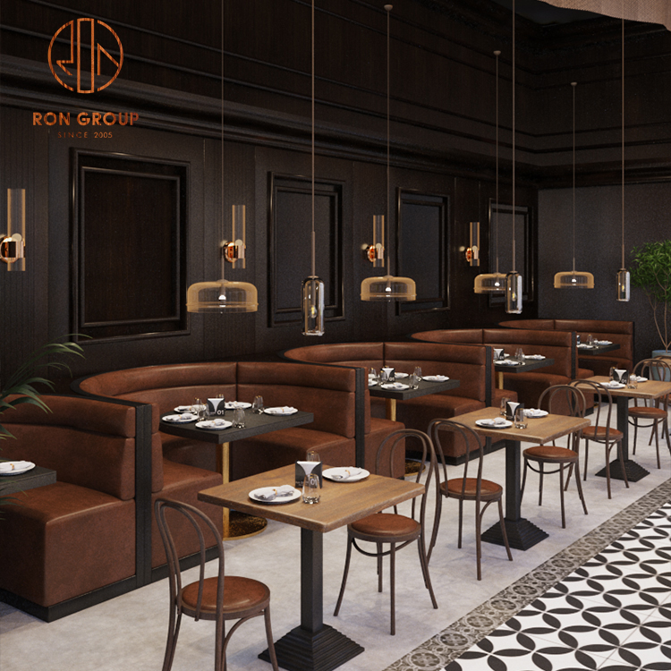 Wholesale Luxury Solid Wood Furniture Custom PU Leather Sofa Restaurant Dining Table and Chair Set for Cafe