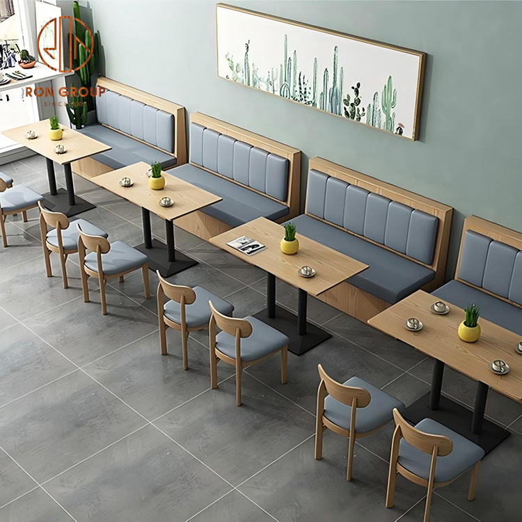 Modern Modular Banquette Booth Set with Wood Frame, Grey Upholstered Panels, Wood-Top Tables & Matching Café Chairs
