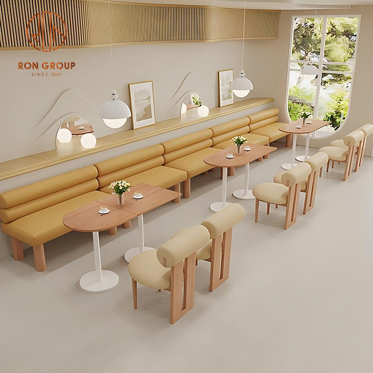 Modern Ribbed Banquette Seating Set with Oval Wood Café Tables, Upholstered Lounge Chairs & Solid Timber Legs