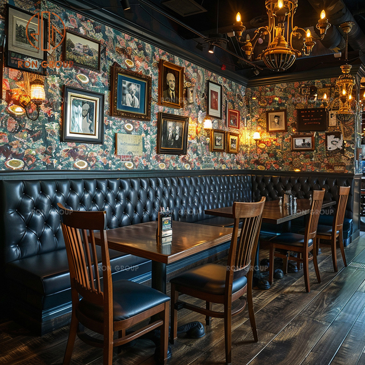 Vintage Tufted Leather Banquette Booth with Solid Wood Bistro Tables & Classic Bentwood Dining Chairs