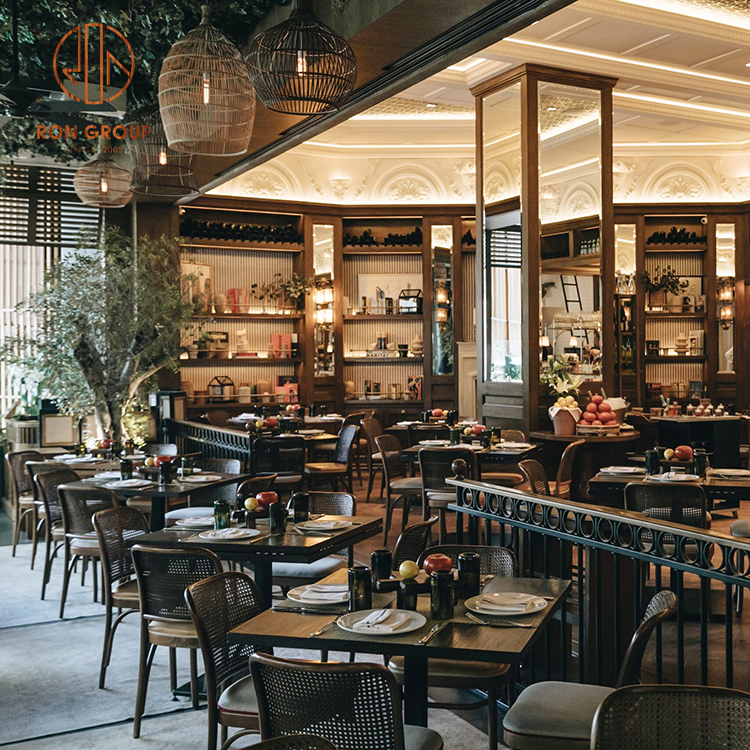 Customizable Modern Style Solid Wood Table with Rattan Back Dining Chairs & Fabric Seats Commercial Restaurant Set for Cafe Use