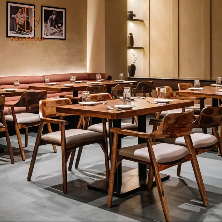 Modern Restaurant Furniture Set Rectangular Wooden Tables & Upholstered Leather Chairs Solution for Coffee Shop