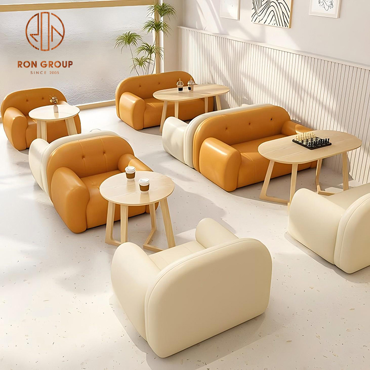 Modern Chubby Sectional Cafe Sofa Set: Orange & Beige Faux Leather Booths with Natural Wood Tables