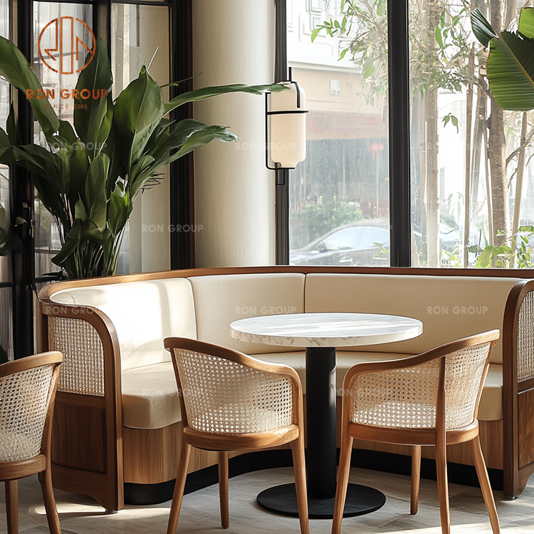 Curved Leather Booth Seating with Marble Round Table & Rattan Dining Chairs for Modern Restaurants
