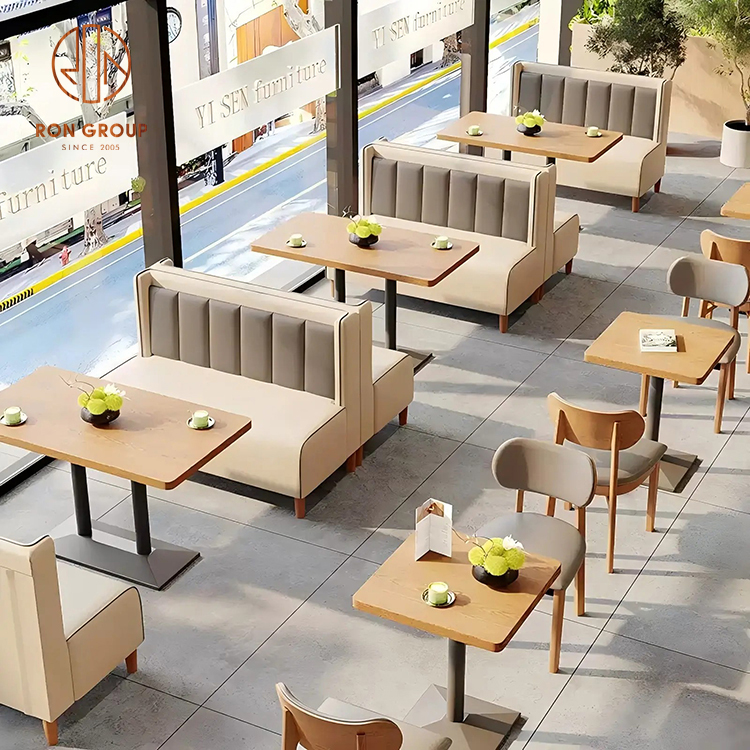 Modern Commercial Cafe Dining Set: Beige Leather Booth Seating, Walnut Square Tables & Matching Slat-Back Chairs