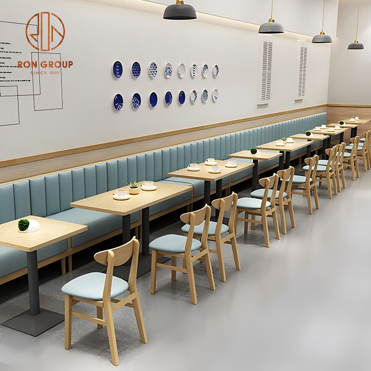 Sky Blue Channel-Back Banquette Booth with Wood Frame, Square Café Tables & Matching Dining Chairs