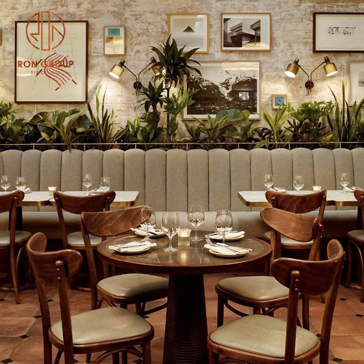 Commercial Wooden Furniture Set Restaurant Round Table and Leather Chair With Fabric Booth Seating for Cafe