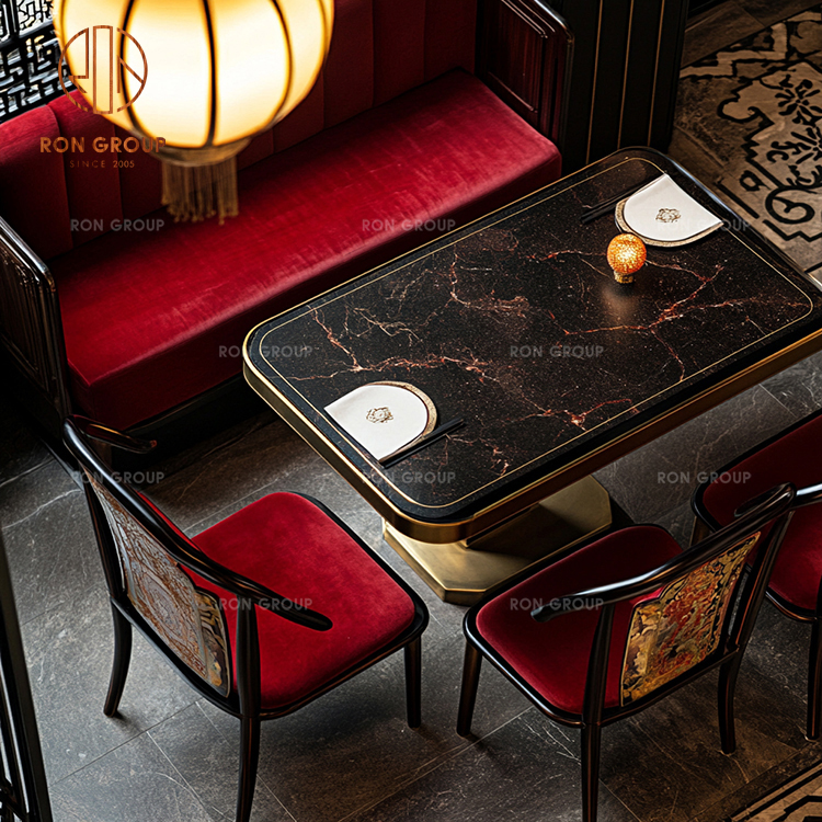 Luxury Red Velvet Booth Seating Set with Black Marble-Look Table, Brass Base & Matching Upholstered Dining Chairs