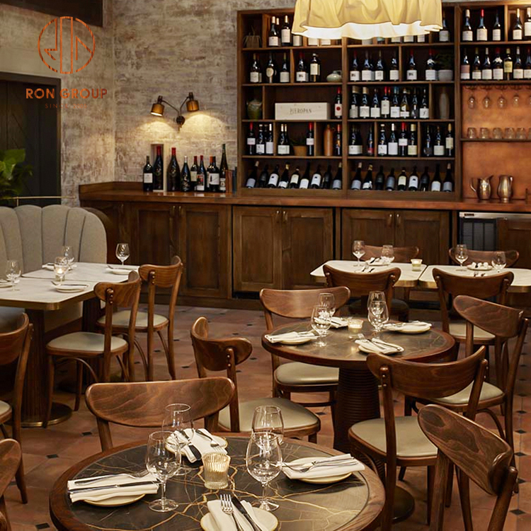 Vintage Round Commercial Dining Set Solid Wood Table Base & Light Padded Chair Seats Marble Tabletop Package