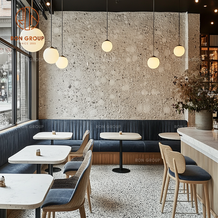 Light Wood Round Dining Table with Navy Upholstered Chairs and Bench Seating for Commercial Restaurants