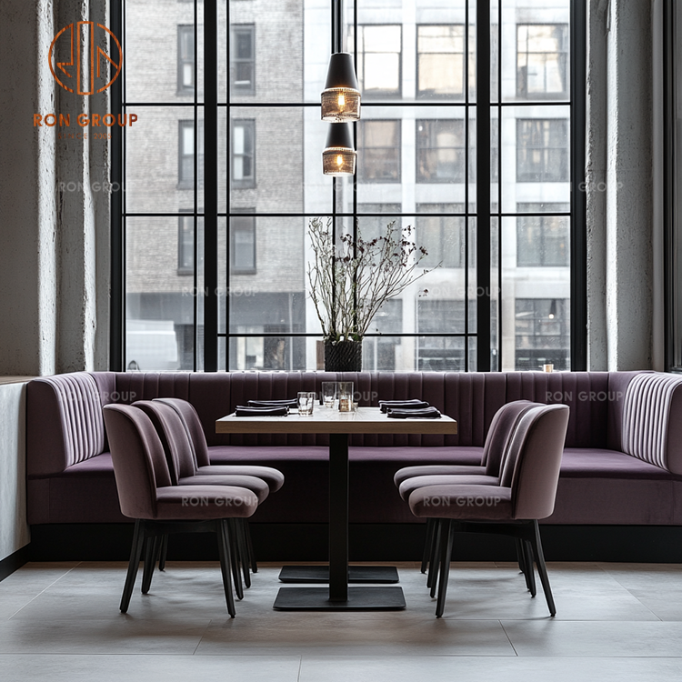 Commercial Restaurant Furniture Set Tufted Purple Velvet Booths, Wooden Dining Tables & Matching Chairs