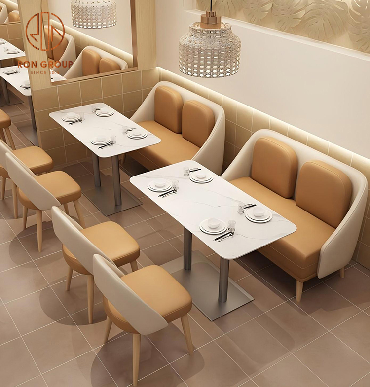 Modern Two-Tone Leather Booth Seating with High Arms & White Marble-Look Rectangular Tables for Café Dining