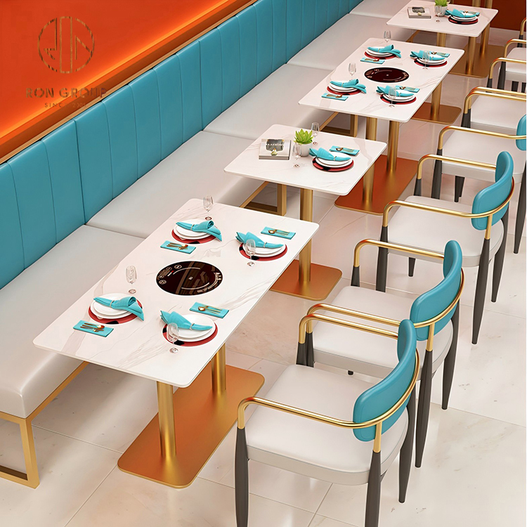 Restaurant Teal Channel-Back Banquette Booth with White Marble-Look Tables, Gold Pedestal Bases & Matching Armchairs