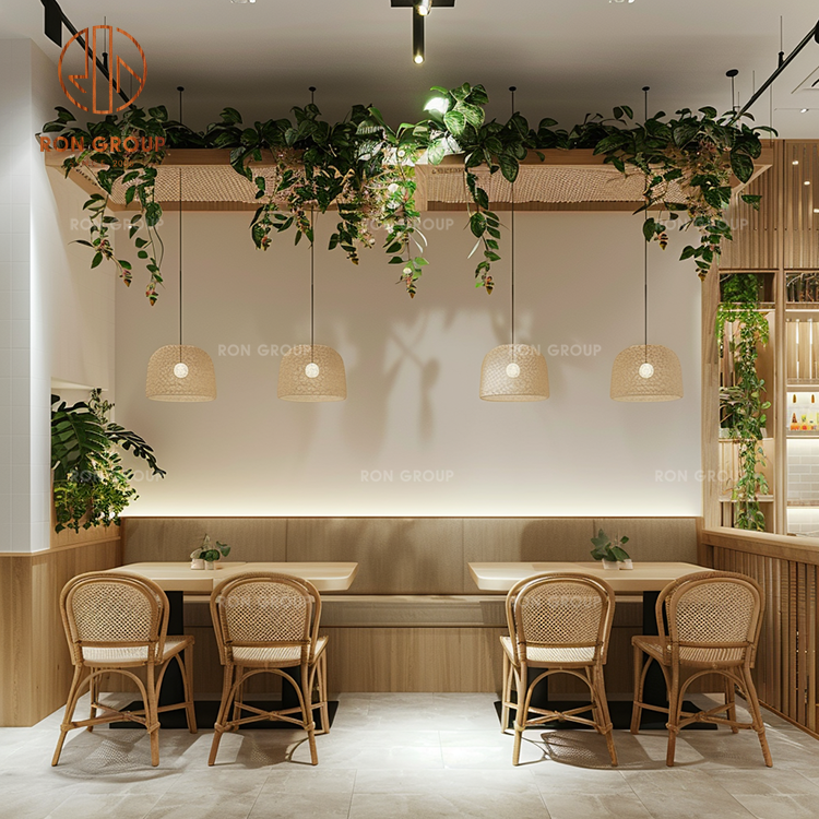 Light Wood Café Seating Set with Fabric Sofa Booth and Woven Rattan Chairs