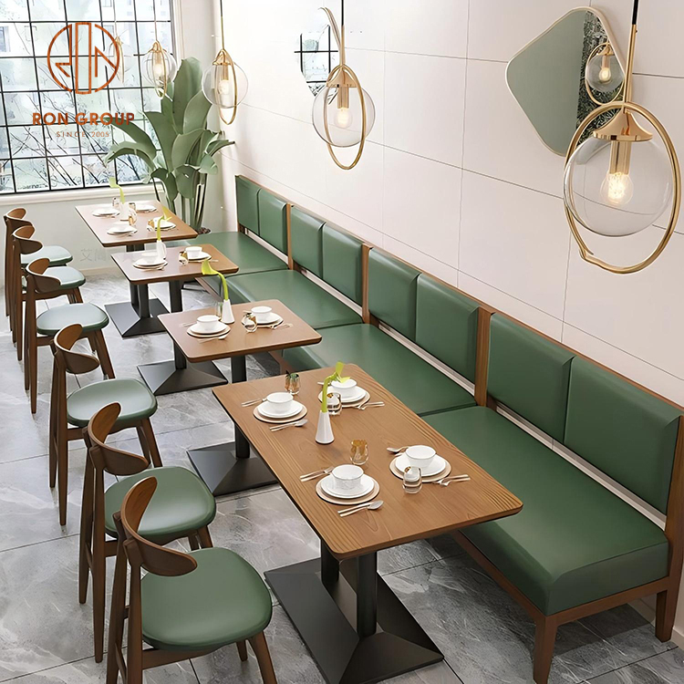 Green Leather Booth Seating with Wooden Tables and Chairs for Commercial Cafe
