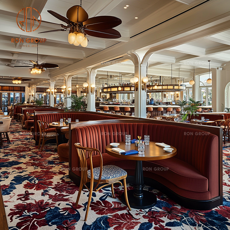Half-Circle Upholstered Booth with Round Wooden Dining Table and Café Chairs for Restaurants and Coffee Shops