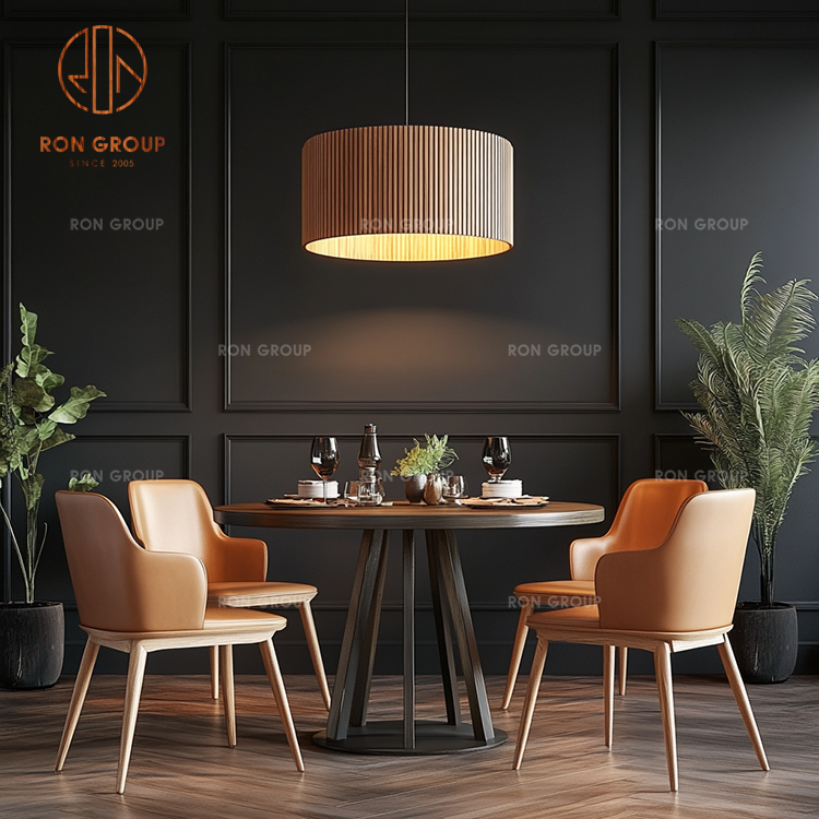 Restaurant Table and Chairs Furniture Round Dark Wood Dining Tables Leather Seating Chair Commercial Set