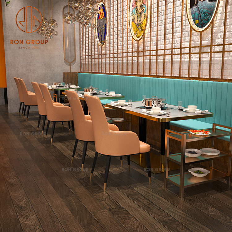 Modern Marble Cafe Table with Orange Leather Chairs and Metal Cart Heavy Duty Restaurant Furniture Solution