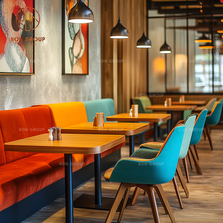 Modern Color-Block Banquette Booth Seating with Wood Dining Tables & Upholstered Café Chairs for Restaurant Interiors