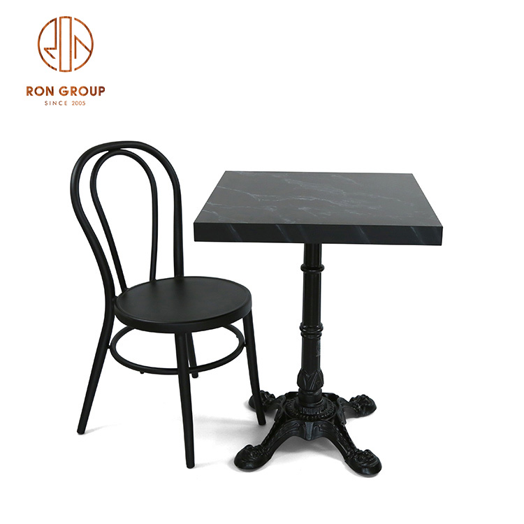 Black Marble-Look MDF Dining Table with Heavy-Duty Cast Iron Base for Restaurants and Cafés