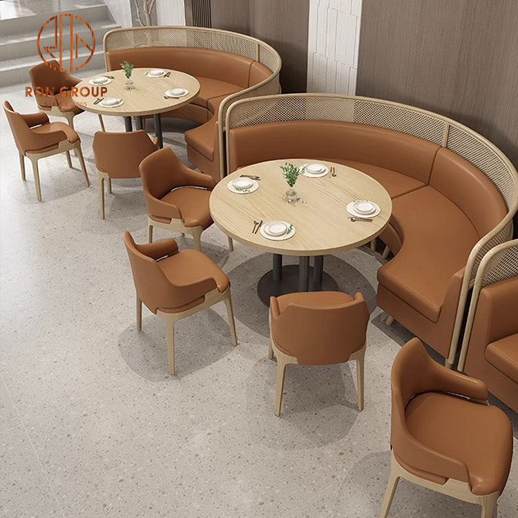 Modern Luxury Half Circle Curved Hotel Hospitality Wood Commercial Leather Restaurant Furniture Booth Seating Table Chair Set