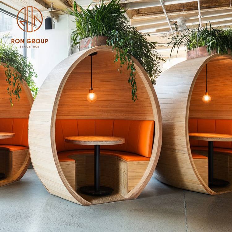 Wholesale Modern Design Semi-Enclosed Wooden Canopy Restaurant Booth Seating Table Set for Commercial Cafe Dining Furniture