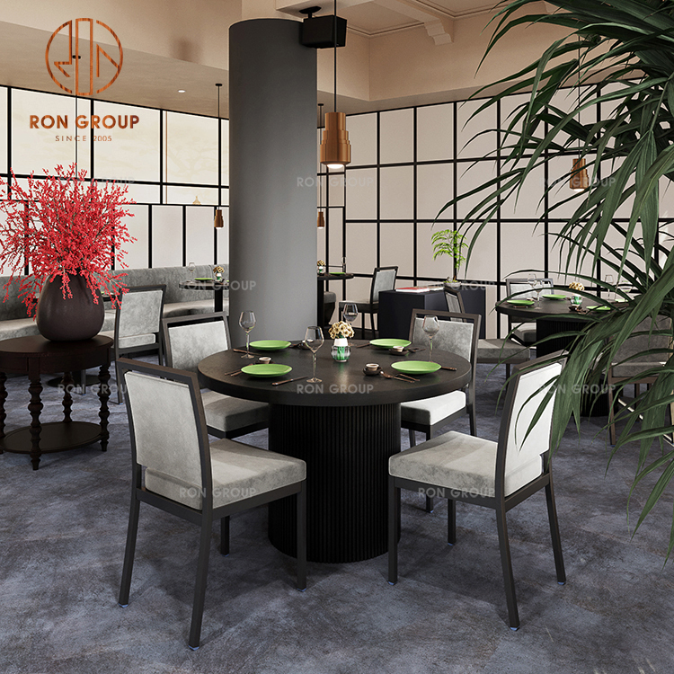 Modern Restaurant Furniture Black Circular Wooden Tables and Gray Cushioned Velvet Seating Chair Complete Solution