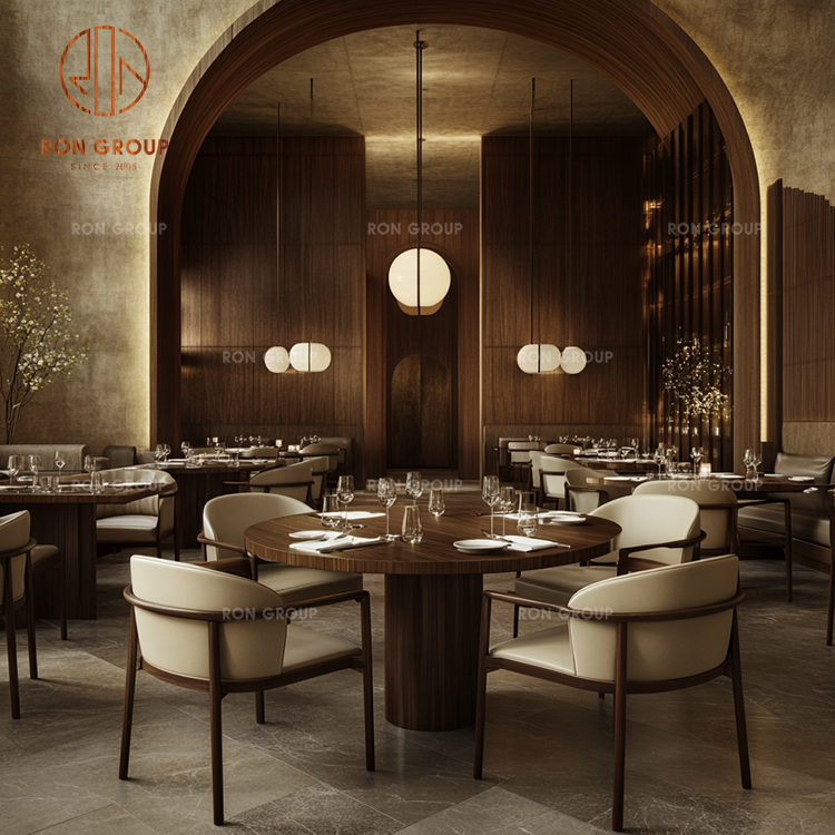 Round Wood Dining Tables with Leather Chairs for Elegant Restaurant and Lounge Settings