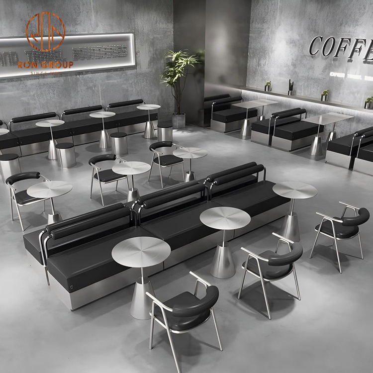 Modern Black Lounge Bench Seating Set with Stainless Base, Round Café Tables & Metal Frame Chairs