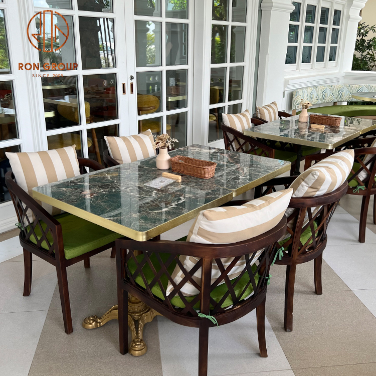 Premium Hotel Furniture: Weatherproof Fabric Cushions + Engraved Marble Tables for Resort Terraces