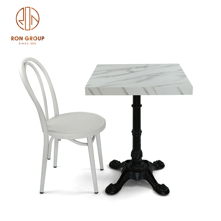 White MDF Marble-Look Dining Table with Cast Iron Base for Restaurants and Cafés